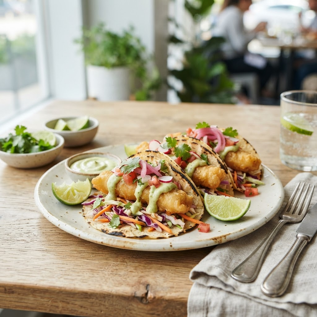 Crispy Fish Tacos with Avocado Crema